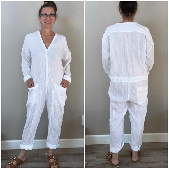 James Perse white v neck button front long sleeve linen jumpsuit sz 3 = Large - Picture 5 of 14